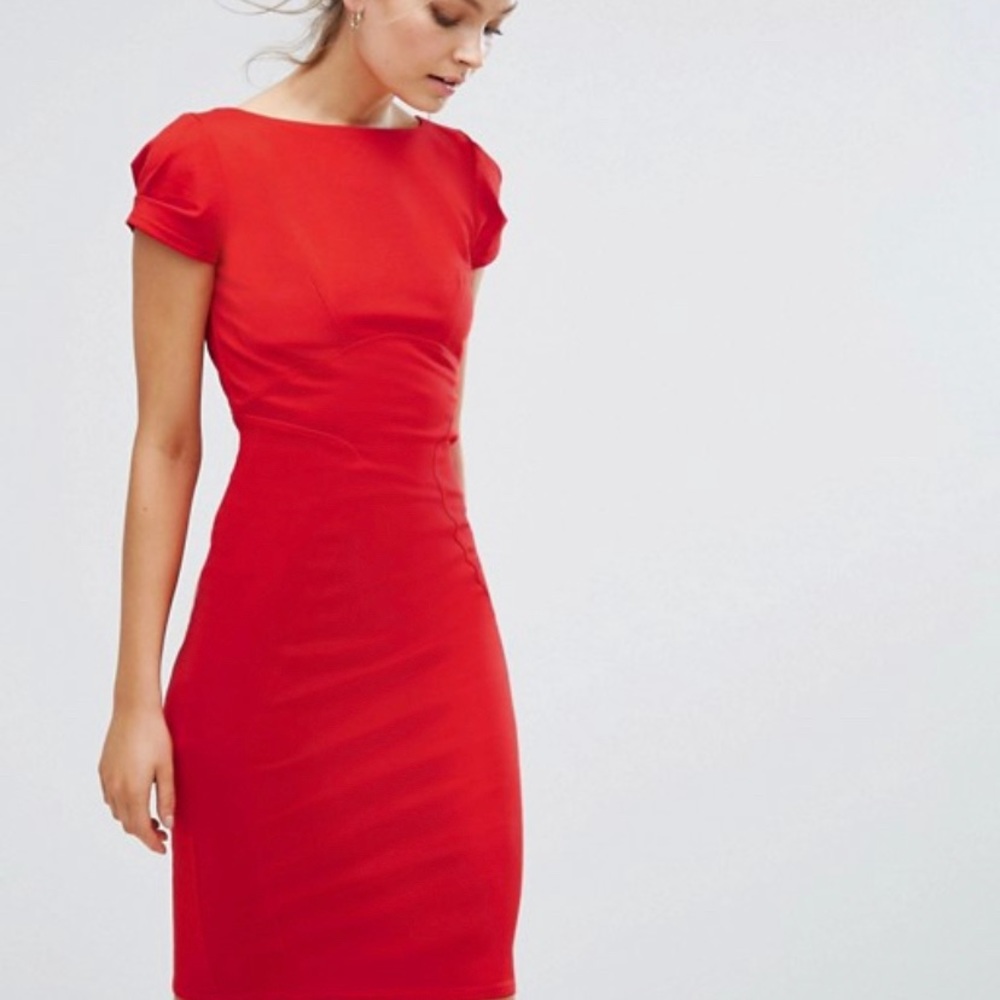 Closet - Red pencil dress with ruched cap sleeves